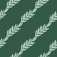 Diagonal seamless doodle pattern with foliage shapes. Blue leaves branches on green background. vector