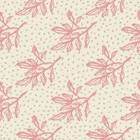 Botanic pink contoured branches seamless pattern. Light background with dots. Creative floral print. vector