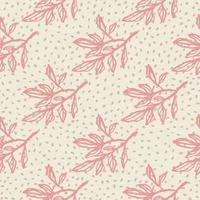 Botanic pink contoured branches seamless pattern. Light background with dots. Creative floral print. vector