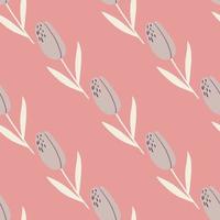 Minimalistic seamless flower pattern with tulip ornament. Light pink background. Pastel palette artwork. vector