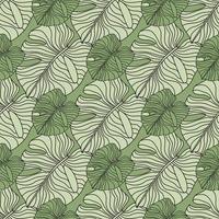 Floral seamless pattern with doodle monstera contoured silhouettes. Outline foliage shapes in green and grey tones. vector