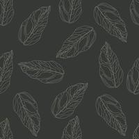 Random dark outline leaf silhouettes seamless pattern. Grey contoured botanic elements on black pale background. vector