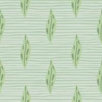 Pale tones seamless botanic pattern with green leaves and grey striped background. Nature doodle backdrop. vector