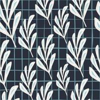 Contrast seamless pattern with white random leaf branches silhouettes. Navy blue chequered background. vector