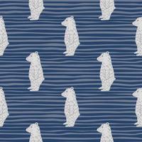 Abstract exotic animal wildlife seamless pattern with simple doodle polar bear ornament. Blue striped background. vector