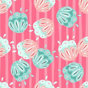 Doodle bloom seamless pattern in abstract style with folk flowers shapes. Pink striped background. Random print. vector
