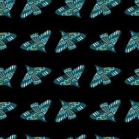 Seamless pattern with creative bird print. Flying animal ornament in blue tones on black background. Simple nature backdrop. vector