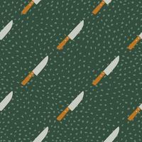 Diagonal knife ornament seamless pattern. Doodle stylized cooking print wuth green dotted background. vector