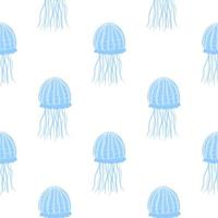 Isolated seamless minimalistic pattern with jellyfish simple silhouettes. Blue colored underwater elements on white background. vector