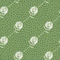 White dandelion diagonal ornament seamless pattern. Green background with black dots. vector