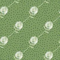 White dandelion diagonal ornament seamless pattern. Green background with black dots. vector