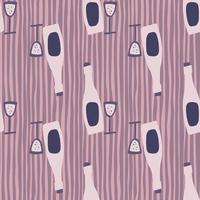 Hand drawn alcohol seamless pattern. Wine bottle with glass in pink and navy colors. Stripped background. vector