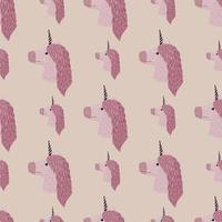 Unicorn sweet silhouettes seamless pattern in pale tones. Grey background with light purple pony elements. vector