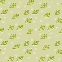 Seamless random pattern with crown elements and hearts. Outline ornament with green contour on pastel beige background. vector