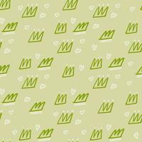 Seamless random pattern with crown elements and hearts. Outline ornament with green contour on pastel beige background. vector