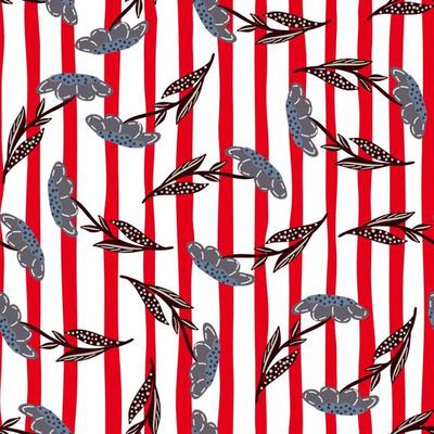 Summer bright seamless pattern with random blue vintage flowers shapes. Red and white striped background.