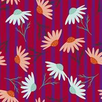 Random seamless pattern with doodle calendula ornament. Maroon striped background. Simple style print. vector