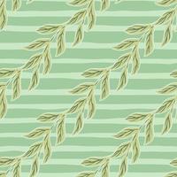 Hand drawn seamless pattern with botanic branches leaves ornament. Light green striped background. vector