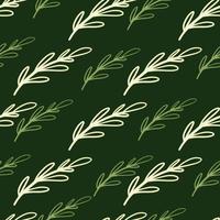 Hand drawn vintage herbal seamless pattern with doodle contoured branches shapes. Green background. vector