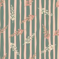 Random seamless pattern with doodle branches elements ornament. Grey and pink striped background. vector