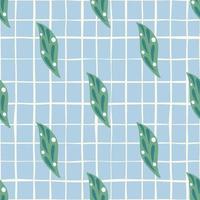 Turquoise simple leaf elements seamless pattern. Geometric foliage artwork with blue chequered background. vector