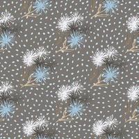 Abstract hand drawn seamless pattern with floral dandelion ornament. Brown background with dots and white and blue flowers. vector