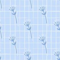 Naive seamless doodle pattern with flower branch abstract figures. Blue background with white check. vector