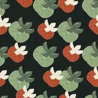 Seamless pattern with organic red and green abstract persimmons print. Black background. vector