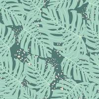 Random seamless pattern with pastel blue monstera shapes. Grey background with splashes. vector