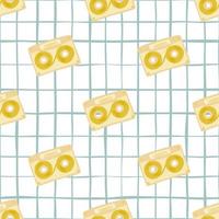 Stylized cassette print seamless pattern. Hand drawn 80s yellow ornament on white background with check. vector