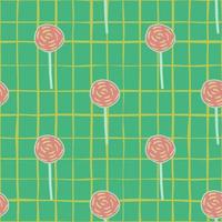 Lollipop sweet seamless pattern. Candy simple silhouettes in pink color on green background with check. vector