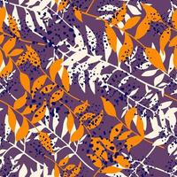 Random bright seamless pattern with foliage silhouettes. Leaves branches in white and orange colors on purple background with splashes. vector