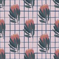 Pale tones floral seamless nature pattern with doodle protea flowers shapes. Grey chequered background. vector