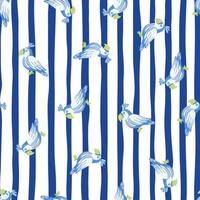 Random blue parrot elements seamless bird pattern. White and blue striped background. Nature backdrop. vector