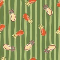 Tropical fresh seamless pattern with random red and beige pineapples ornament. Green striped background. vector