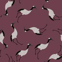 Doodle seamless pattern with grey colored crane bird silhouettes print. Pale maroon background. vector