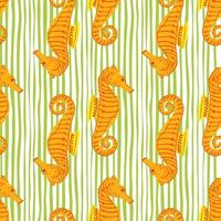 Bright orange seamless pattern with doodle seahorse simple print. Green and white striped background. vector