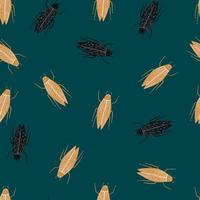 Seamless random pattern with bugs beige and black silhouettes. Dark turquoise background. Wildlife print. vector