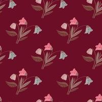 Stylized floral seamless pattern with forest bouquet ornament. Maroon palette artwork with village flowers. vector