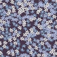 Random seamless pattern with little daisy flowers on dark background. Botanic elements in light pastel blue tones. vector