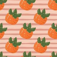 Seamless cartoon pattern with persimmons simple silhouettes. Orange ripe fruits on pink striped background. vector