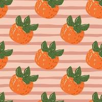 Seamless cartoon pattern with persimmons simple silhouettes. Orange ripe fruits on pink striped background. vector