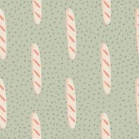 Seamless doodle pale pattern with light pink baguette silhouettes. Grey dotted background. Food bread backdrop. vector