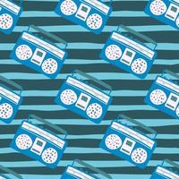 Bright blue and white colored tape recorder seamless pattern. Stripped background. Styized 80s print. vector