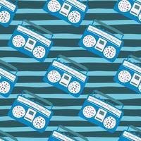 Bright blue and white colored tape recorder seamless pattern. Stripped background. Styized 80s print. vector