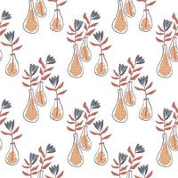 Isolated seamless pattern with flowers in a vase. White background, botanic ornament in orange and blue pastel colors. vector