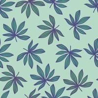 patrón de garabato sin costuras con impresión de hoja delineada. hojas de cannabis en colores verde y azul sobre fondo pastel claro. vector