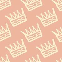 Outline crown hand drawn ornament seamless pattern. Light contoured elements on pastel soft pink background. vector