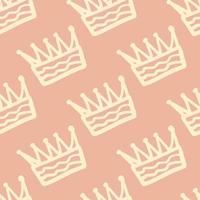 Outline crown hand drawn ornament seamless pattern. Light contoured elements on pastel soft pink background. vector