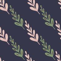 Minimalistic seamless nature pattern with pink and green colored branhes elements. Dark purple background. vector